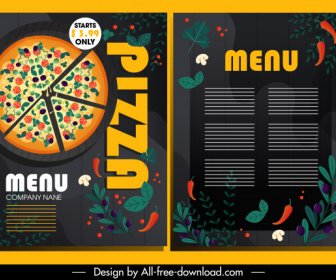 Plantilla De Menú De Pizza Colorida Decoración De Ingredientes De Diseño Oscuro