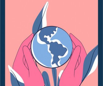 Planet Speichern Banner Vorlage Klassische Globus Hände Blätter Skizze