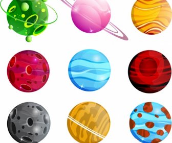 Planets Icons Collection Colorful Modern Decor Circles Design