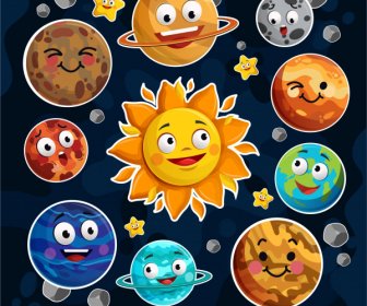 Planets Icons Funny Stylized Emotional Faces Sketch