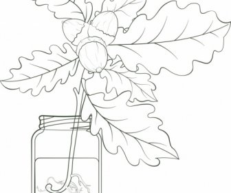 植物、瓶、絵画、葉、栗のアイコン、手描きのスケッチ