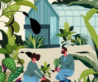 плантации живописи зеленые деревья стеклянной дом эскиз мультфильм дизайн