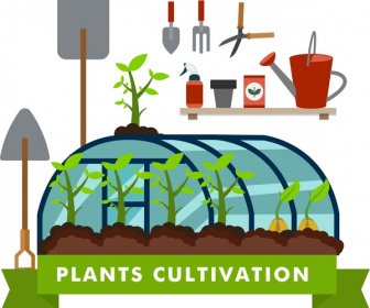Plants Cultivation Concept Illustration With Tools And Glasshouse