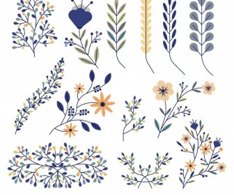 Plants Icons Floral Leaf Sketch Colorful Flat Classic