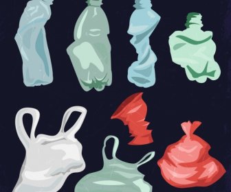 Plastic Garbage Icons Colored Crumple Design Various Types