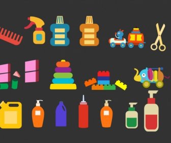 Plastic Tools Icons Collection Various Multicolored Flat Types