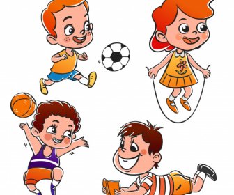 Playful Children Icons Cute Cartoon Characters Sketch