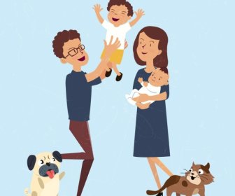 Playful Family Drawing Colored Cartoon Decor
