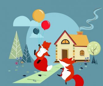 Playful Foxes Background Colored Cartoon Design