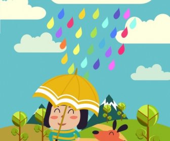 お茶目な少女の背景にカラフルな雨の滴の装飾