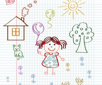 Playful Little Girl Drawing Colored Handdrawn Draft