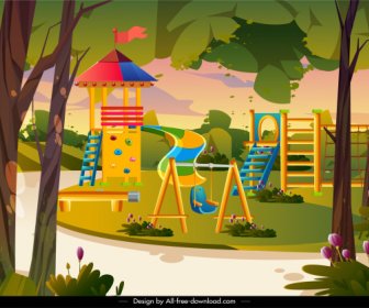 Playground Painting Game Elements Sketch Colorful Cartoon Design
