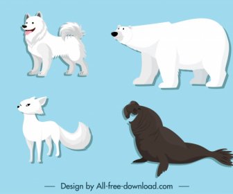 Polar Animals Icons Husky Bear Fox Seal Sketch