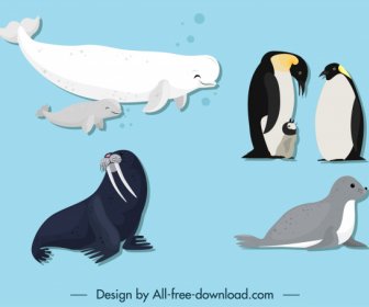 Polar Espécies ícones Baleia Pingüim Selo Esboço