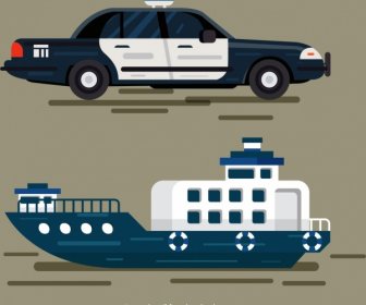 Police Car Ship Vehicles Icons Colored Modern Design