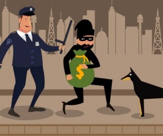 Police Catching Thief Drawing Colored Cartoon Design