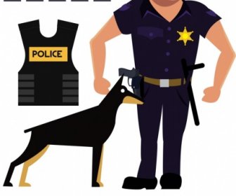 Design Elemente Mann Polizeihund Werkzeuge Symbole