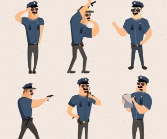 Police Icons Collection Various Gestures Isolation Colored Cartoon