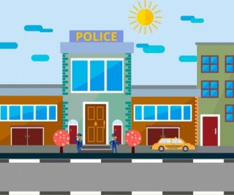 Police Station Facade Design Colored Cartoon Decor