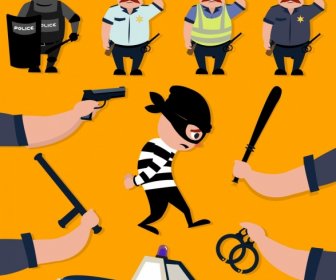 Polizei Teamarbeit Design Elemente Kriminelle Werkzeuge Farbigen Cartoon