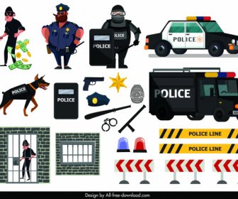 Police Work Design Elements Cartoon Characters Objects Sektch