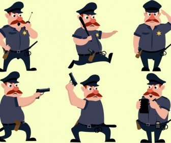 Policeman Icons Collection Various Gestures Cartoon Design