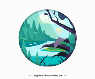 Pond View Background Bright Colored Sketch Circle Isolation