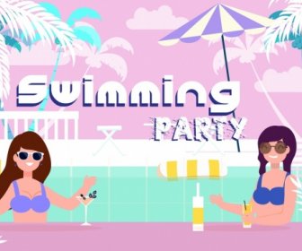 Pool Party Banner Bikini Girls Icons Colored Cartoon