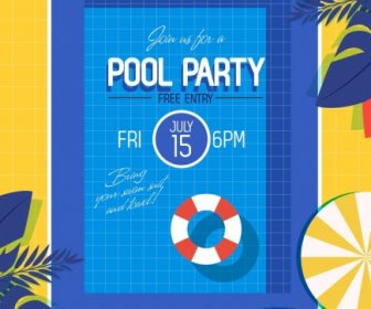 Pool Party Banner Flat Decor Leaves Umbrella Icons