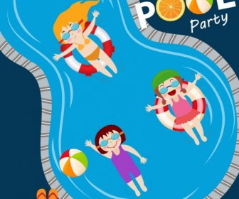 Pool Party Banner Joyful Kids Swimming Pool Icons