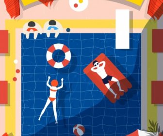 Pool Party Banner People Relaxing Swimsuit Colored Cartoon