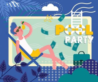 Pool Party Banner Rich Relaxed Man Icon
