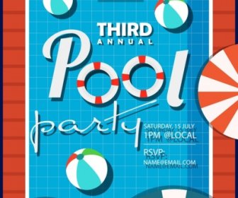 Pool Party Poster Umbrella Ball Icons Flat Design