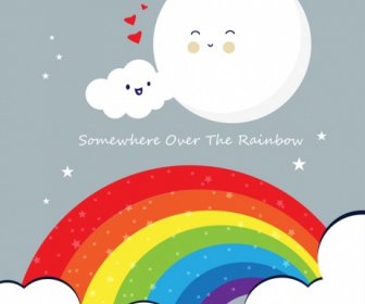 Postkarte-Hintergrund Stilisierte Wolke Mond Regenbogenfarbenen Symbole