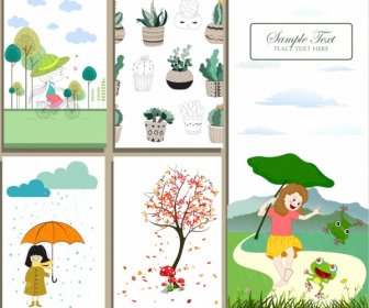 엽서 표지 템플릿 어린 시절 시즌 식물 아이콘