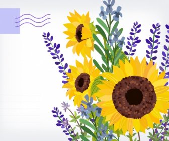 Postcard Template Sunflowers Icon Multicolored Classical Design