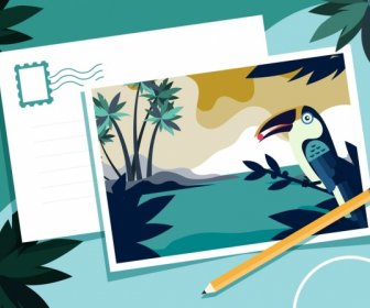 Postcard Template Tropical Theme Sea Parrot Icons Decor
