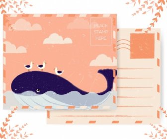 Postcard Template Whale Seagull Icons Colored Retro Design