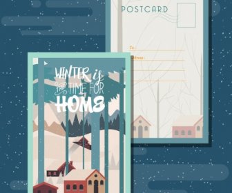 Modèle De Carte Postale Thème D’hiver Maisons Icônes D’arbres De Neige