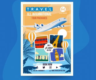 Poster Travel International Tour Packages Flugzeug Big Ben Uhr Luftballon Flugzeug Eiffel Paris Tower Baum