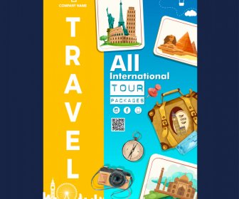 Poster Travel International Tour Packages Taj Mahal Air Balloon Eiffel Paris Tower Compass Baggage Luggage Qr Code Pyramid Colosseum Leaning Tower Of Pisa