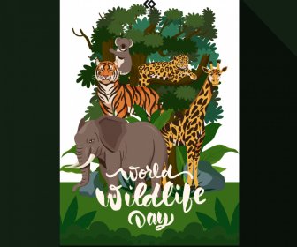 포스터 세계 야생 동물의 날 포스터 템플릿 야생 동물 만화 숲 장면 스케치