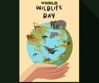 포스터 세계 야생 동물의 날 템플릿 손에 지구 야생 동물 스케치를 들고