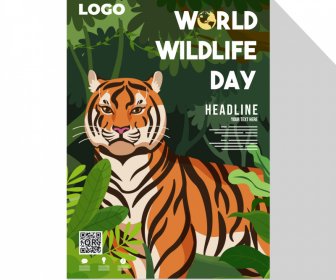 포스터 세계 야생 동물의 날 템플릿 호랑이 숲 장면 만화 스케치