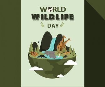 Poster Dünya Yaban Hayatı Günü şablonu 3d Kesilmiş Toprak Vahşi Hayvanlar Basamaklı Eskiz
