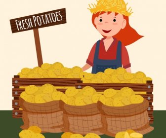 بيع البطاطس رسم أنثى البائع عرض الأيقونات