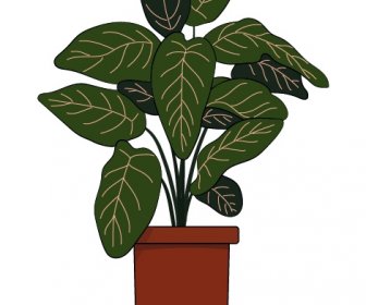 горшок комнатное растение значок плоский ретро ручной эскиз