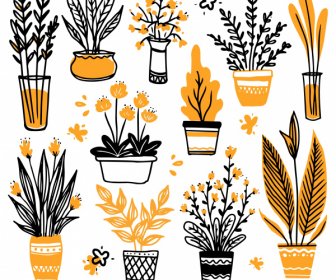 Potted Houseplant Icons Flat Classical Handdrawn Outline