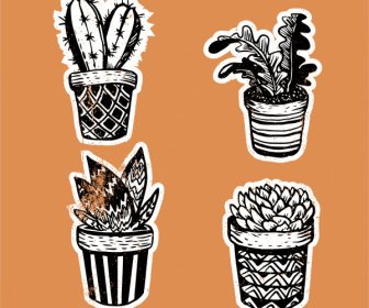 Potted Houseplant Icons Retro Design Flat Handdrawn