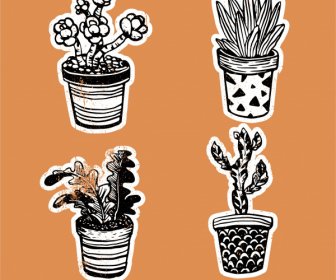Potted Plants Icons Vintage Handdrawn Outline